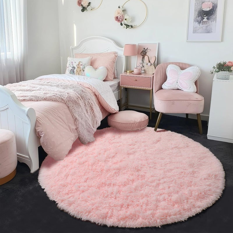 Amdrebio Light Pink Round Rug 4Ft for Girls Bedroom, Fluffy Circle Area Rugs for Kids Room Decor Aesthetic, Cute Shag Fuzzy Carpet for Nursery, Preppy Dorm, Classroom, Playroom, Teen, Baby, Washable - Image 4